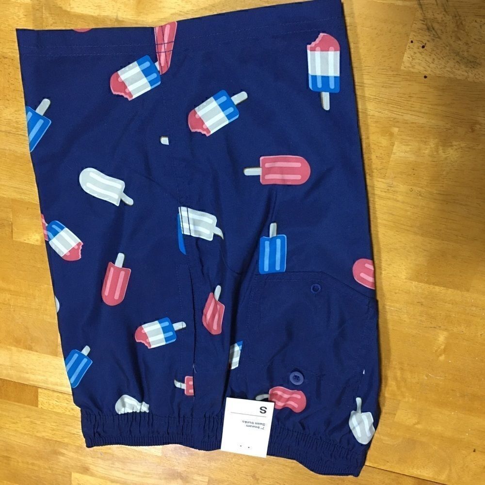 Small swim trunks red white blue popsicles ice cream NWT 100% polyest…